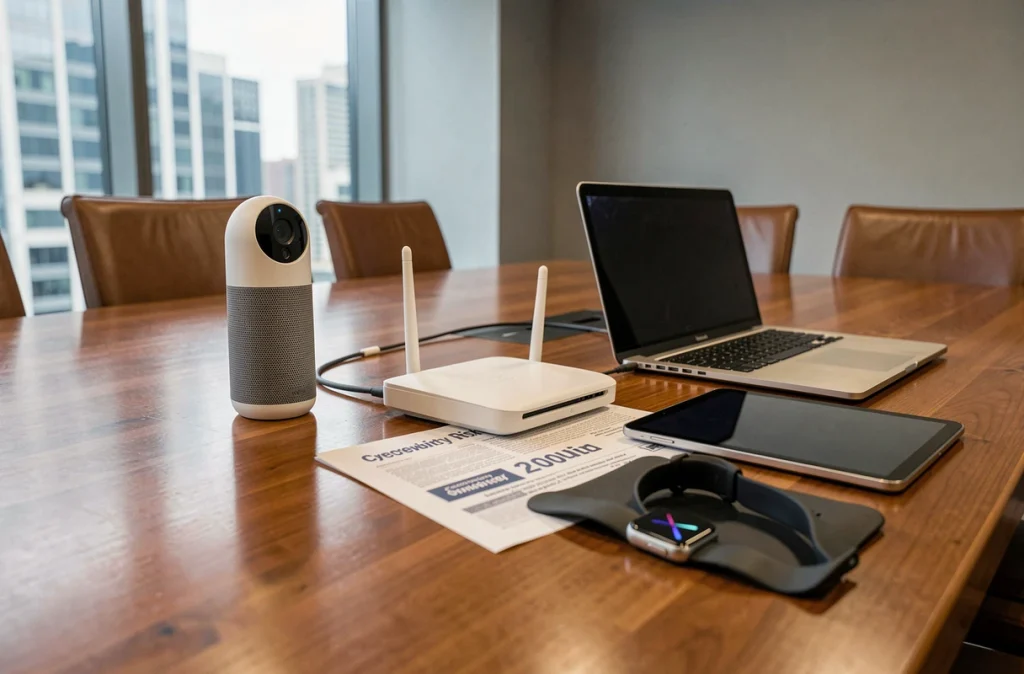 Ensemble d'objets connectés IoT sur une table de réunion d'entreprise illustrant les risques de cybersécurité