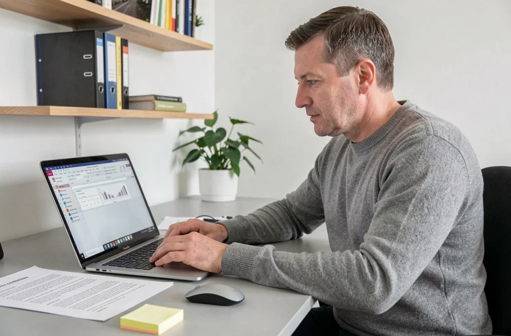 Homme travaillant sur des modèles de documents Word dans un espace de travail à domicile minimaliste