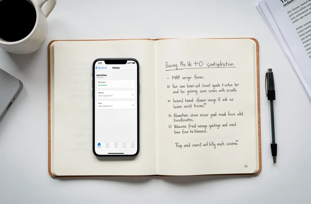 Vue de dessus d'un smartphone affichant les paramètres IMAP du webmail académique de Nantes posé sur un bureau avec un carnet de notes