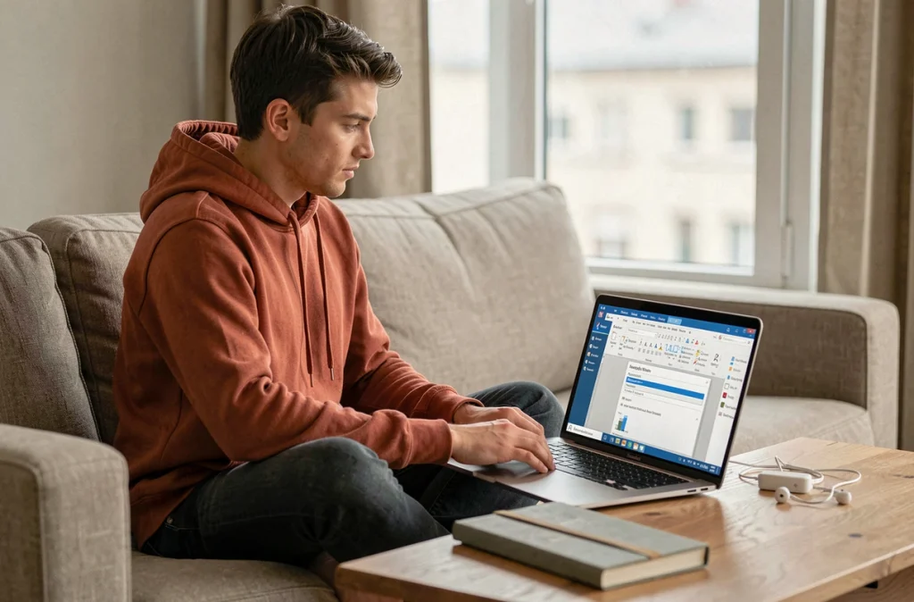 Personne personnalisant les menus PowerPoint sur un laptop depuis un canapé dans un intérieur cosy