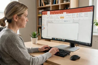 Femme personnalisant le ruban PowerPoint sur un grand écran dans un bureau moderne et épuré