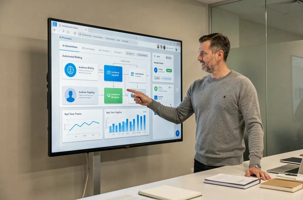 Homme d'affaires présentant un système d'automatisation de campagnes publicitaires piloté par intelligence artificielle lors d'une réunion en salle de conférence
