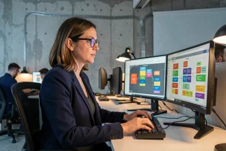 Une professionnelle de la tech analysant des schémas de bases de données optimisés par intelligence artificielle sur plusieurs écrans dans un bureau moderne