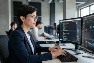 Professionnelle en cybersécurité analysant des tableaux de bord de sécurité réseau sur plusieurs écrans dans un bureau tech moderne