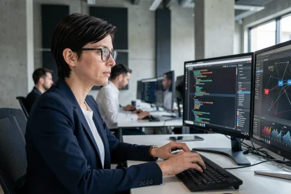 Professionnelle en cybersécurité analysant des tableaux de bord de sécurité réseau sur plusieurs écrans dans un bureau tech moderne