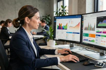 Professionnelle en marketing analysant des tableaux de bord de campagnes publicitaires optimisées par intelligence artificielle sur deux écrans dans un bureau moderne