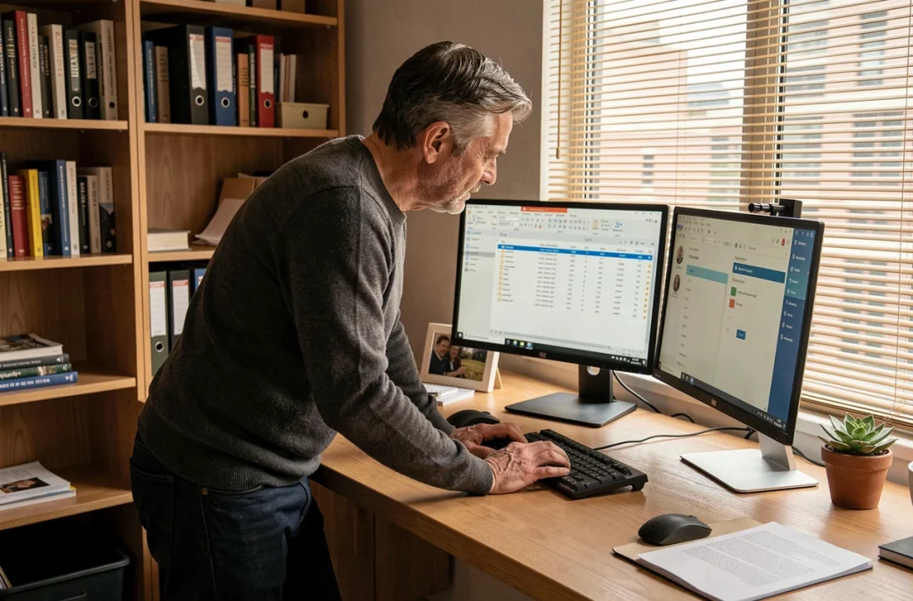 Homme travaillant depuis chez lui sur la protection de données sensibles avec deux écrans et un gestionnaire de mots de passe