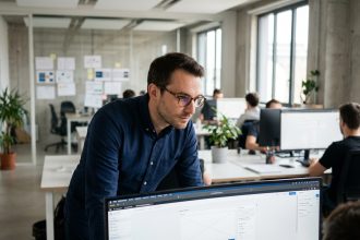 Designer web B2B travaillant sur la refonte d'un site pour une ESN dans un open-space moderne en France