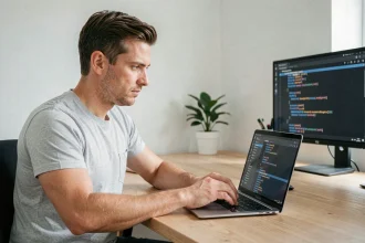 Homme concentré configurant les réglages système de son ordinateur portable dans un bureau moderne minimaliste