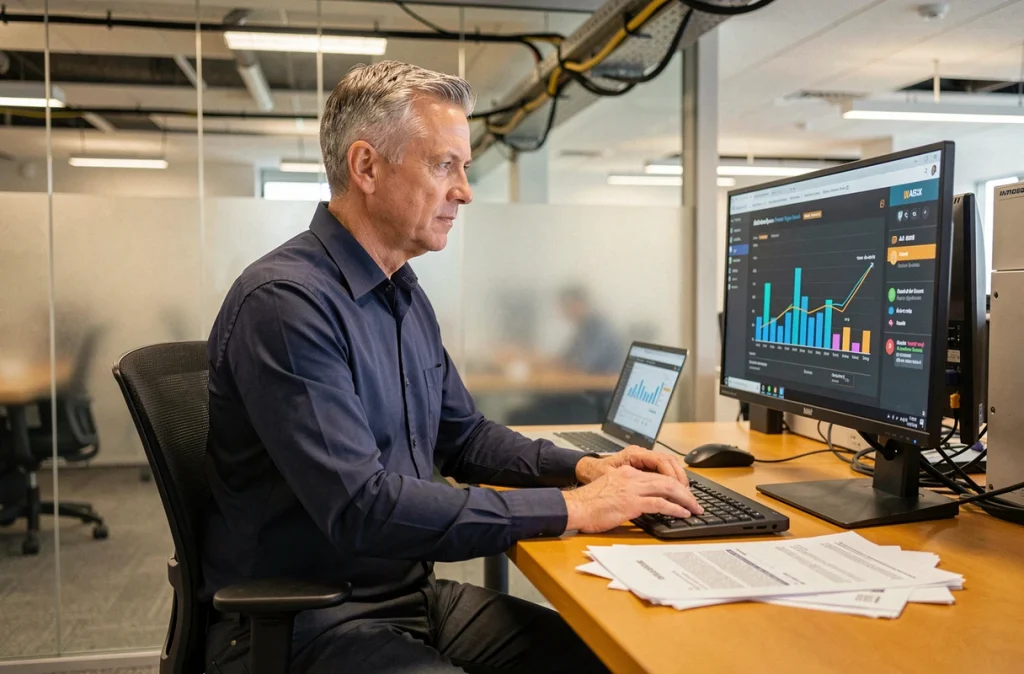 Responsable informatique analysant des prévisions de stocks sur un logiciel d'intelligence artificielle