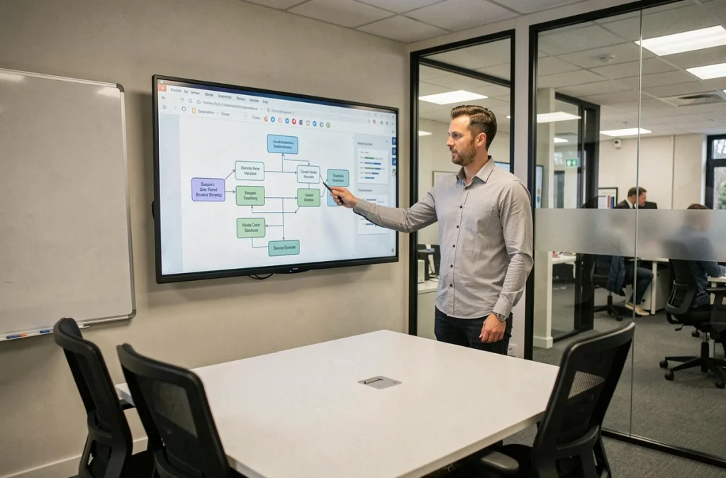 Un responsable de PME présente un diagramme d'automatisation des processus métier lors d'une réunion dans une salle de conférence moderne