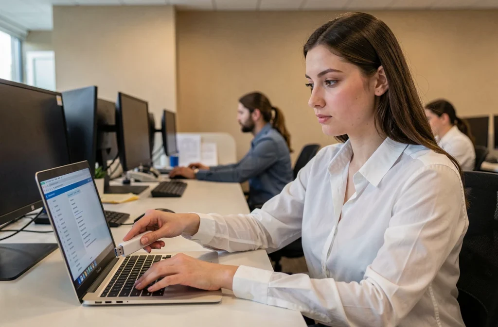 Employée de bureau connectant une clé USB non identifiée à son ordinateur portable au travail