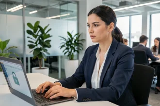 Femme professionnelle sécurisant des données sensibles sur un ordinateur portable dans un bureau moderne