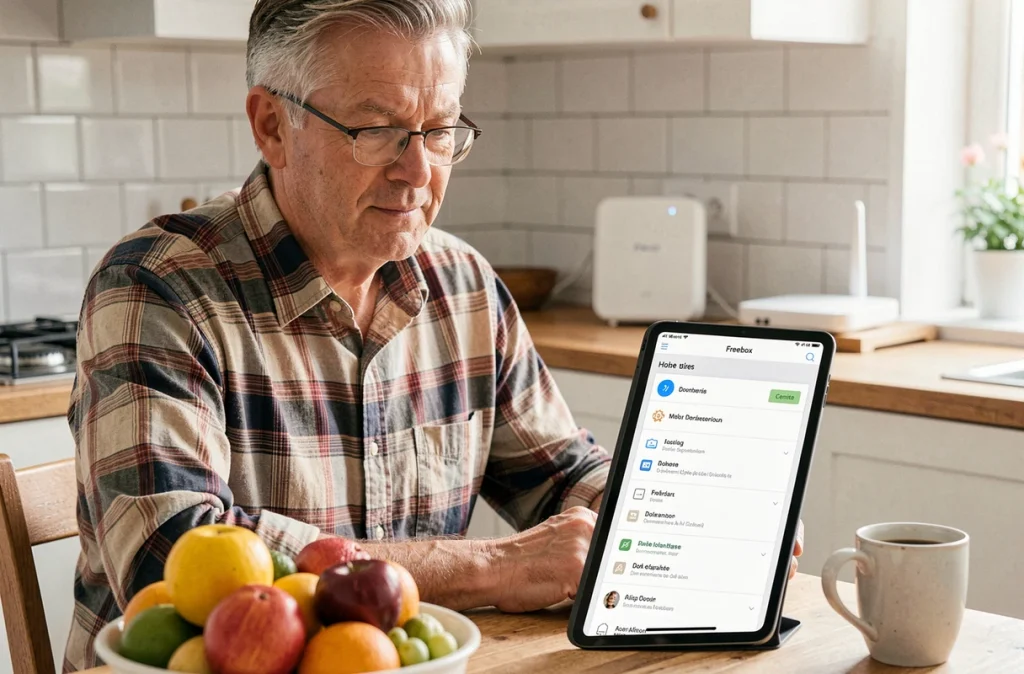 Homme senior consultant le tableau de bord réseau Freebox sur une tablette dans la cuisine
