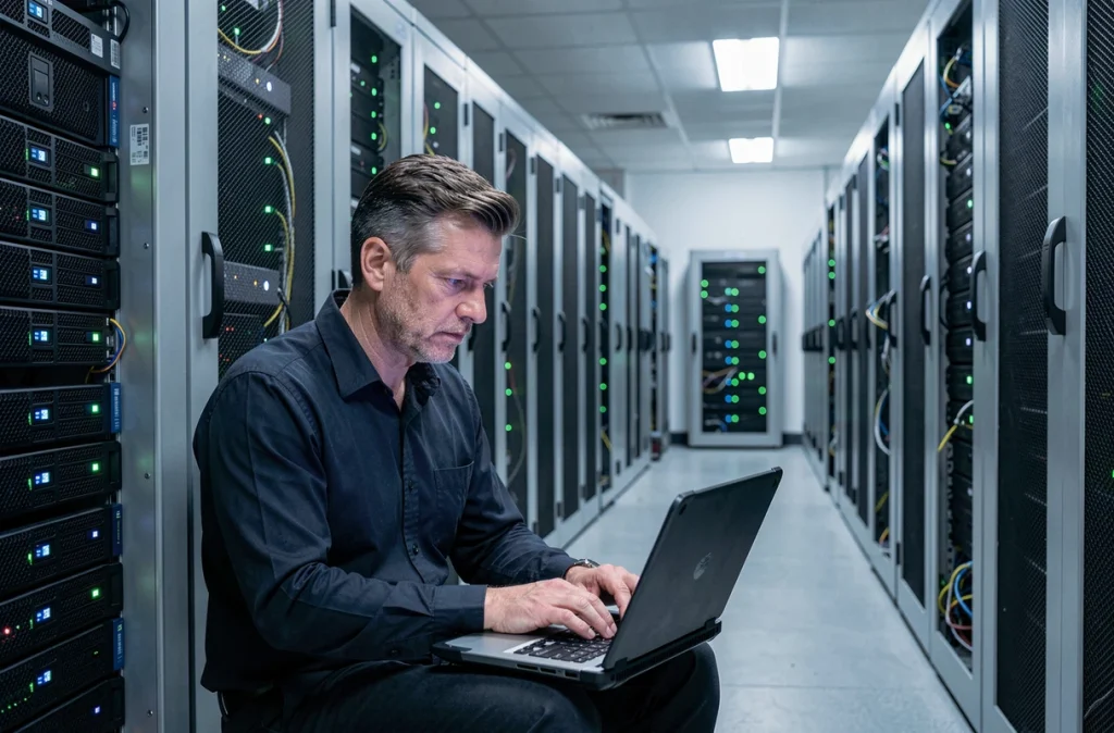 Technicien informatique configurant une infrastructure cloud dans une salle de serveurs