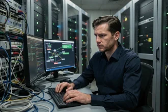 Technicien en cybersécurité analysant des vulnérabilités sur des objets connectés dans une salle de serveurs