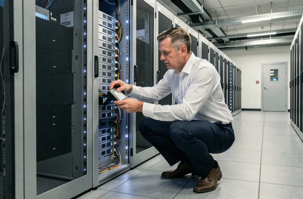 Technicien informatique installant un dispositif de sauvegarde dans une salle de serveurs professionnelle