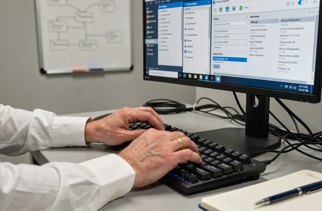 Mains d'un technicien IT configurant des réglages système avancés sur un poste de travail de bureau professionnel