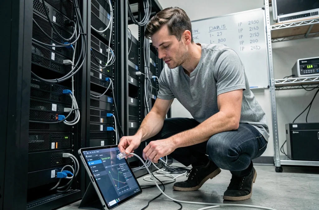 Technicien informatique configurant un réseau sécurisé dans la salle serveur d'une petite entreprise