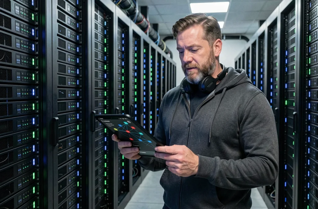 Technicien en sécurité informatique inspectant l'infrastructure de serveurs dans une salle serveurs d'entreprise numérique