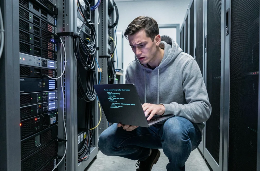 Technicien informatique inspectant un serveur d'une PME française touché par une cyberattaque de ransomware