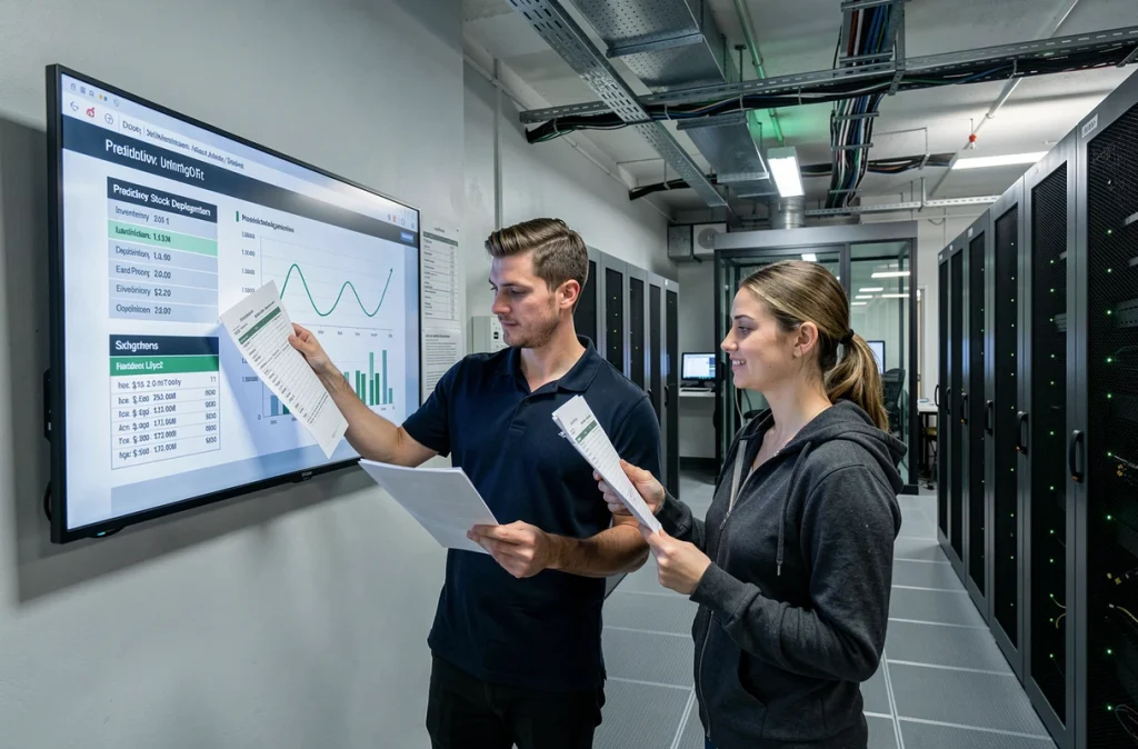 Deux techniciens informatiques comparant des données prédictives de gestion des stocks matériels en salle serveur