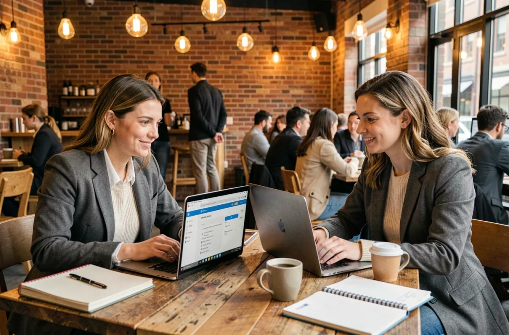 Deux collègues en télétravail collaborant via des outils cloud dans un café co-working