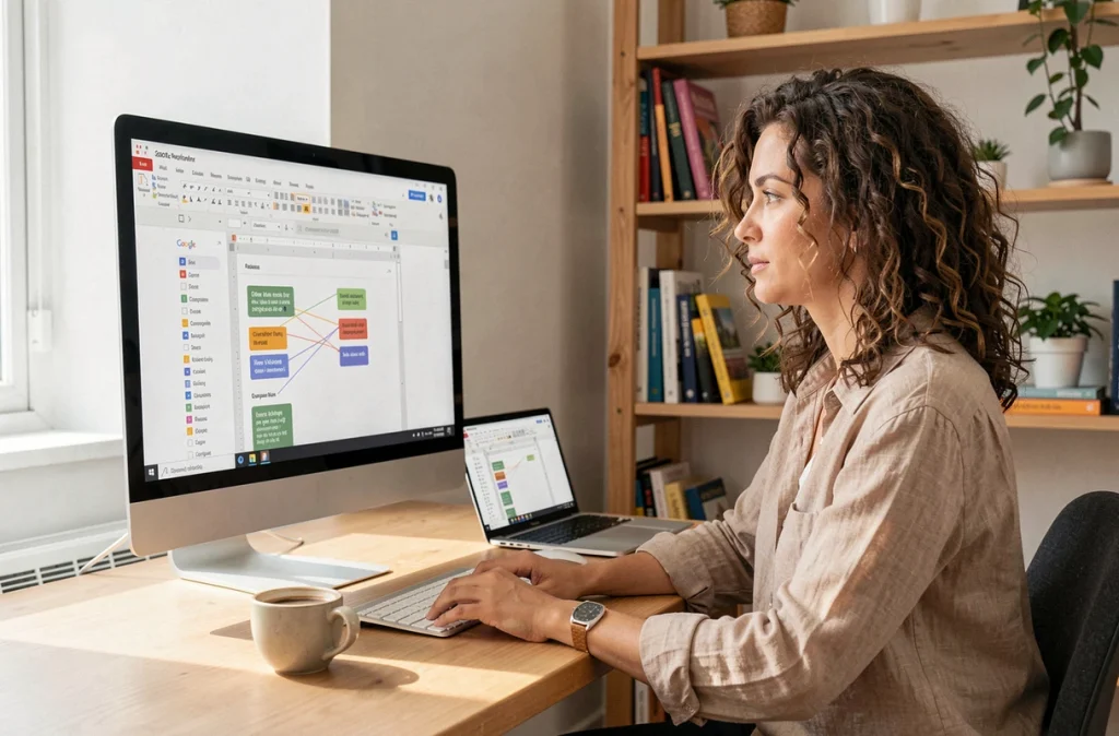 Femme travaillant en télétravail sur Google Docs avec plusieurs curseurs de collaborateurs visibles à l'écran