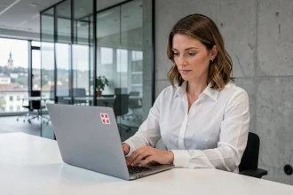 Professionnelle utilisant un service de transfert de fichiers sécurisé suisse sur un ordinateur portable dans un bureau moderne à Zurich