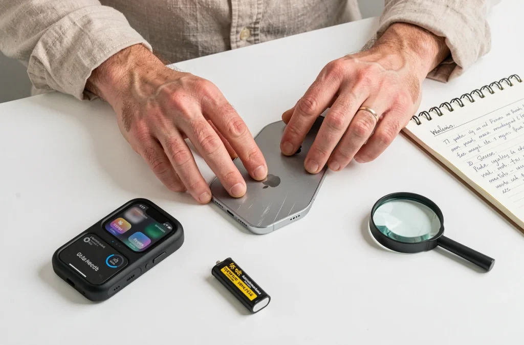 Vérification de l'état physique et de la batterie d'un iPhone 13 mini avant achat d'occasion