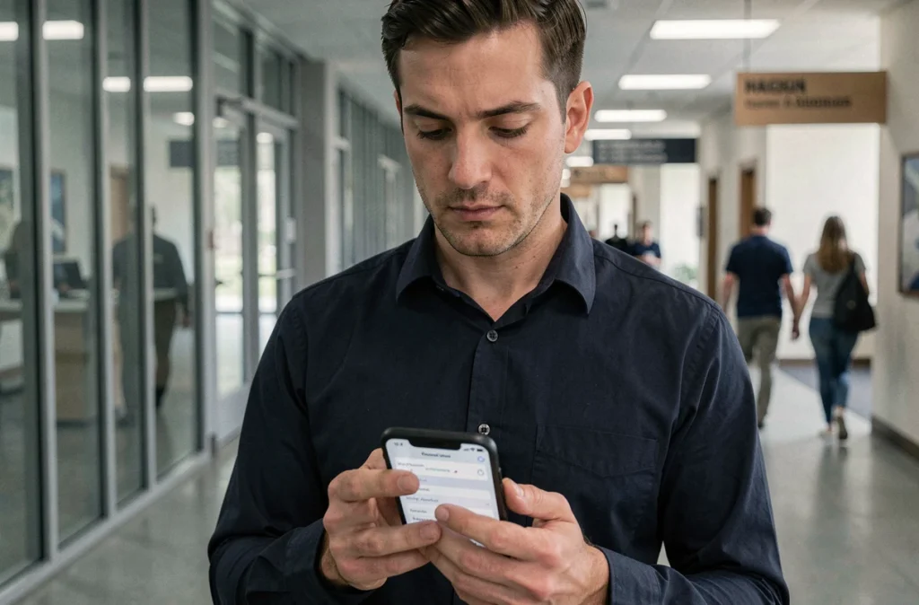 Homme consultant et configurant son compte mail académique Nantes sur un iPhone dans un couloir universitaire