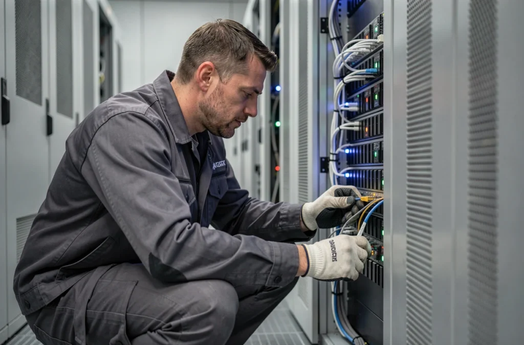 Technicien AD67 SARL inspectant une baie de serveurs dans une salle informatique professionnelle