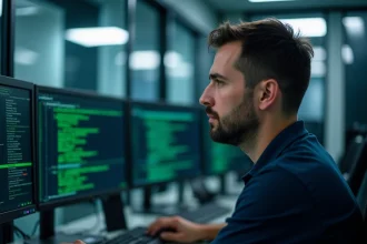 Administrateur système Solaris en train de diagnostiquer des services SMF sur un poste de travail multi-écrans dans une salle serveur professionnelle