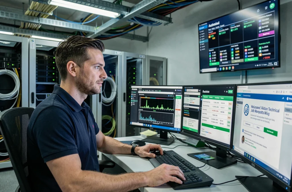 Administrateur systèmes et réseaux d'AHG supervisant l'infrastructure réseau depuis un poste de pilotage avec interfaces de recrutement technique visibles