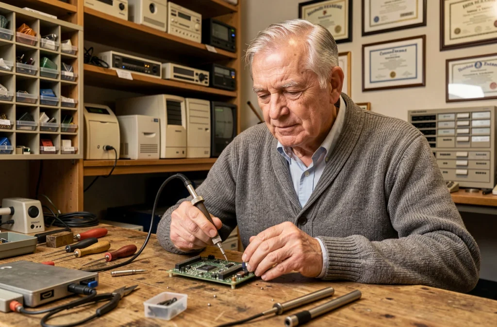 Technicien informatique expérimenté Albert Mirgain soudant un composant électronique dans son atelier de réparation