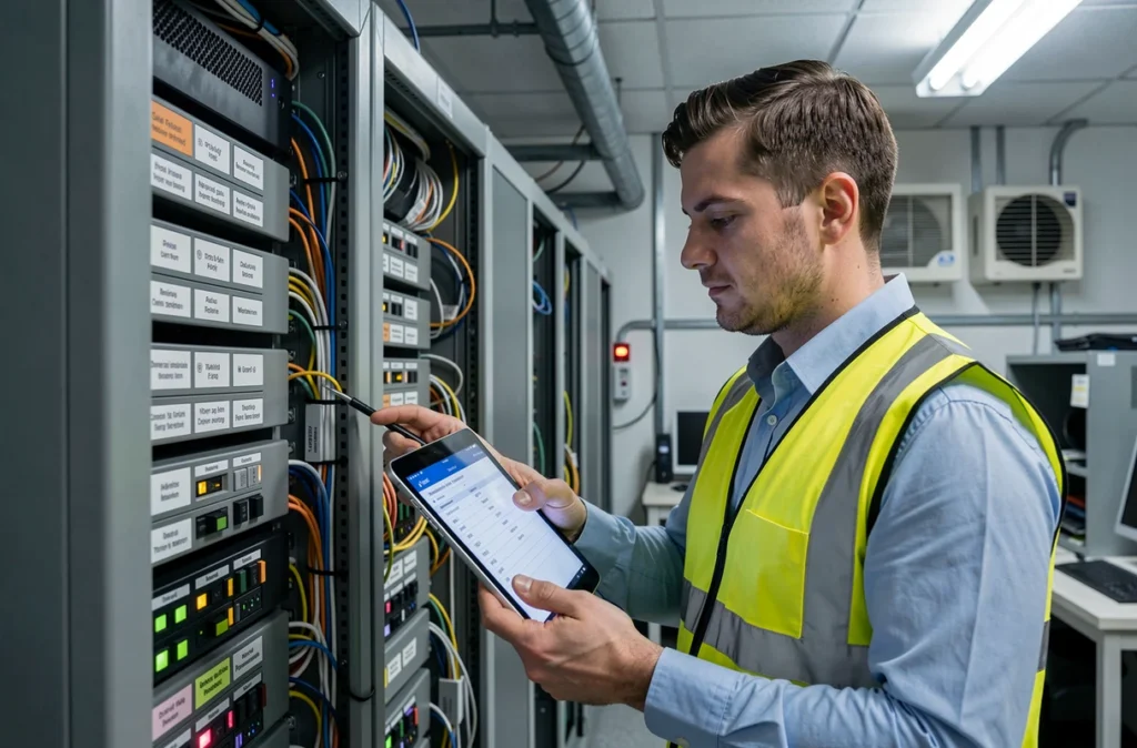 Technicien d'APS Solutions Informatiques inspectant une baie de serveurs dans la salle technique d'un établissement public dans le cadre d'un marché de maintenance