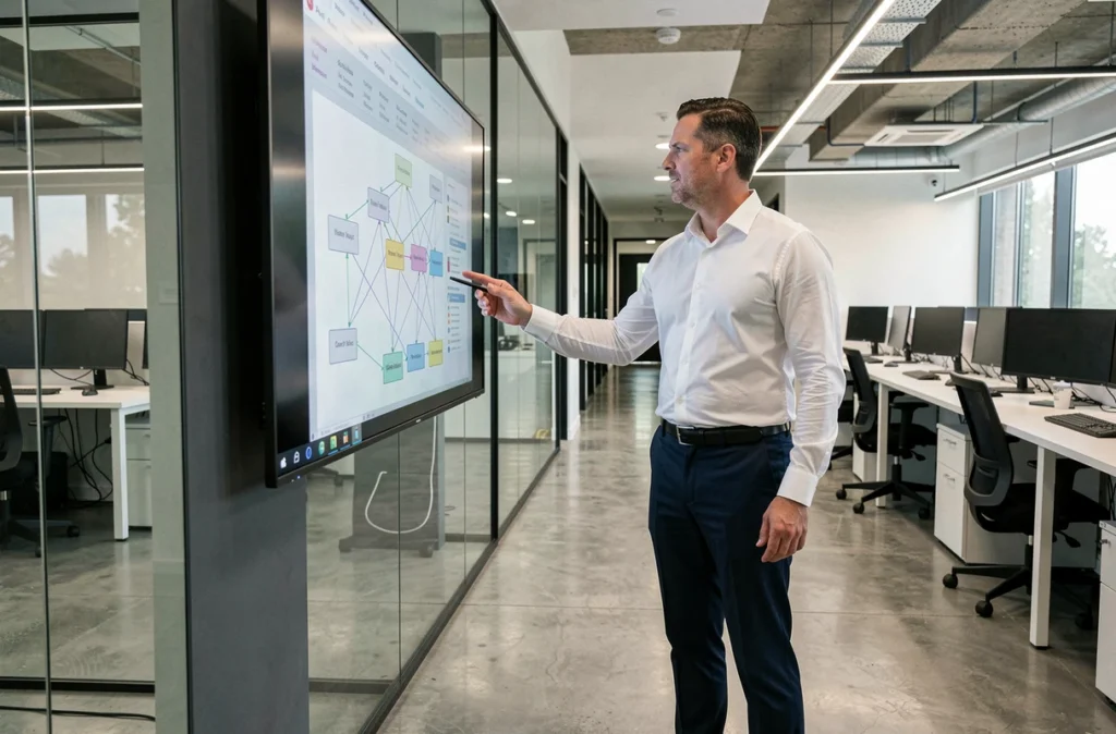 Consultant en systèmes informatiques de Blue Note Systems présentant une solution réseau dans un bureau moderne
