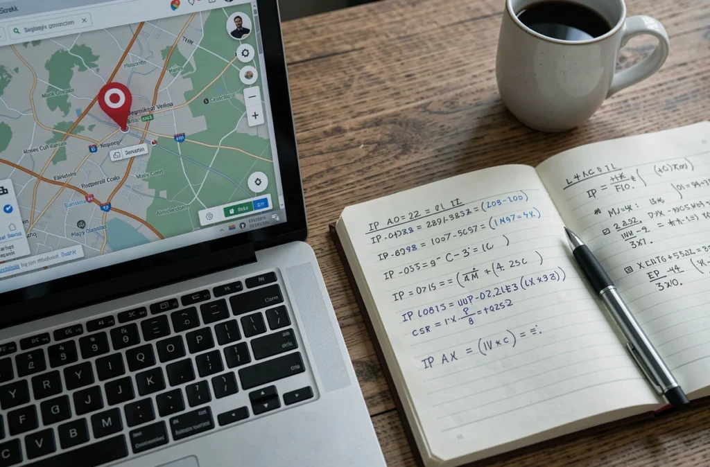 Vue rapprochée d'un bureau avec ordinateur portable affichant une interface de géolocalisation IP et cahier de notes manuscrites sur les marges d'erreur