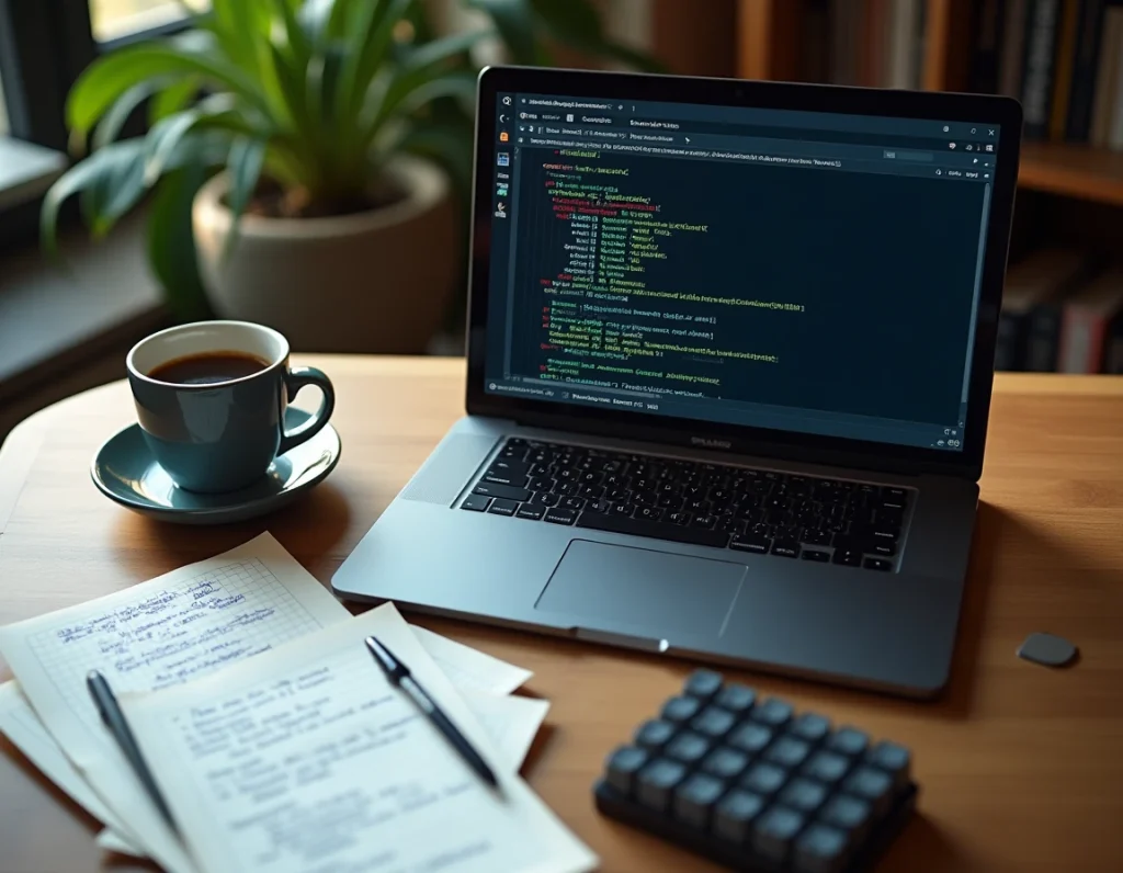 Vue aérienne d'un bureau de technicien avec un terminal Solaris affichant des commandes SMF et des notes de dépannage manuscrites