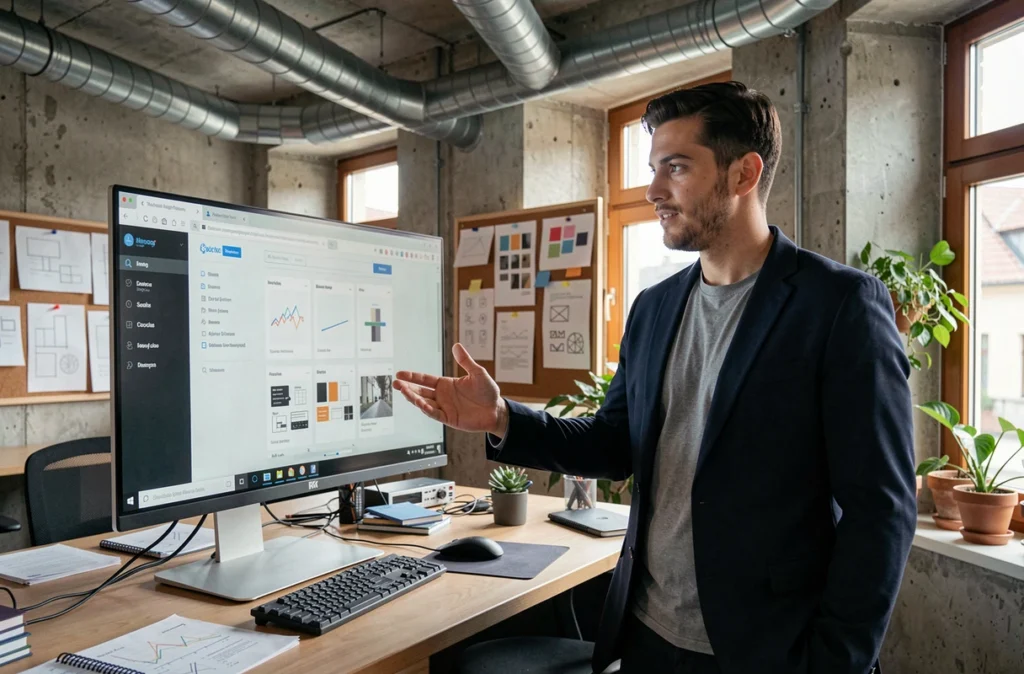 Spécialiste digital de Cinexo présentant une interface de site web dans un studio d'agence moderne à Strasbourg