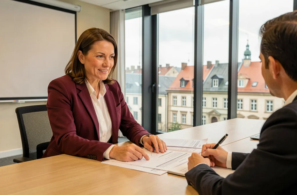 Consultante informatique Denise Allenspach présentant un rapport technique à un client dans une salle de réunion à Strasbourg