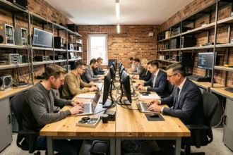 Atelier de dépannage informatique professionnel dans le Bas-Rhin avec plusieurs techniciens travaillant sur des ordinateurs
