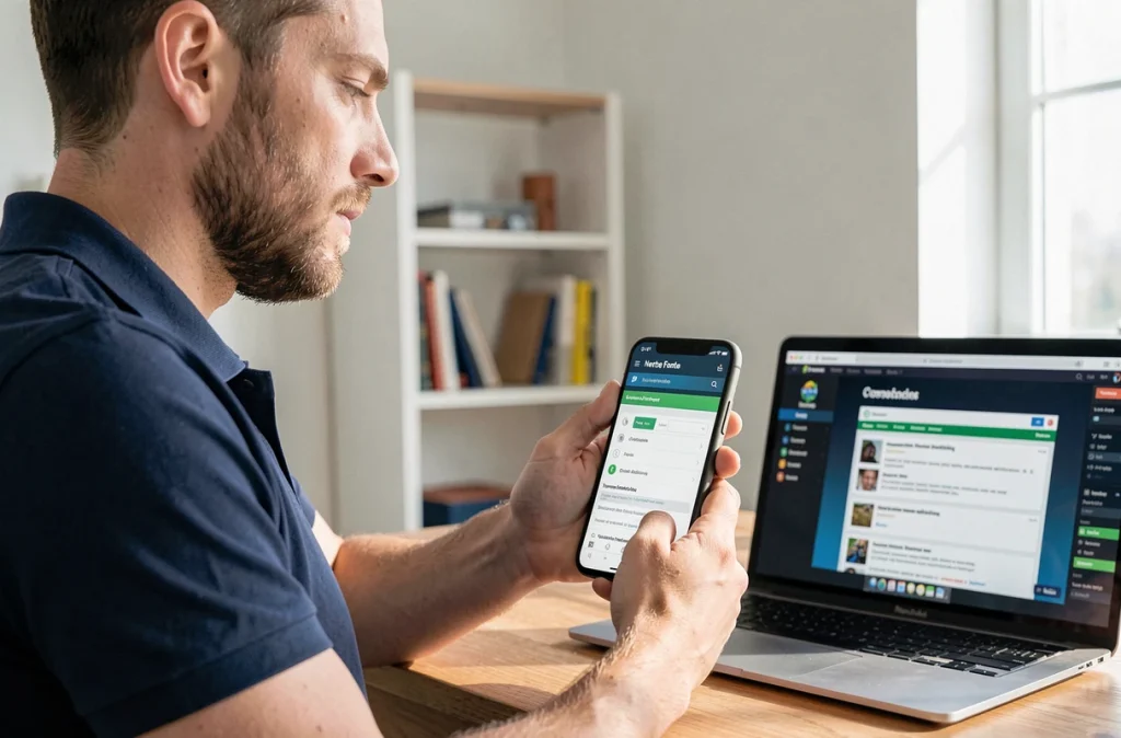 Homme vérifiant les paramètres réseau sur smartphone et ordinateur pour diagnostiquer un problème de connexion Fortnite
