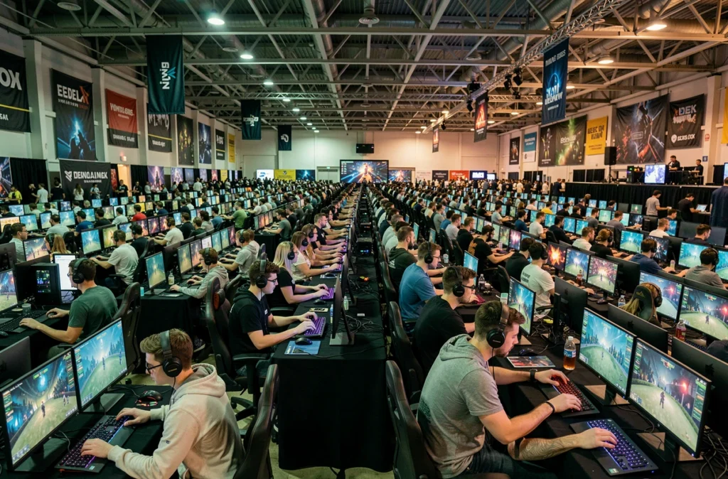 Salle LAN esports bondée avec des joueurs connectés simultanément à League of Legends lors d'un tournoi