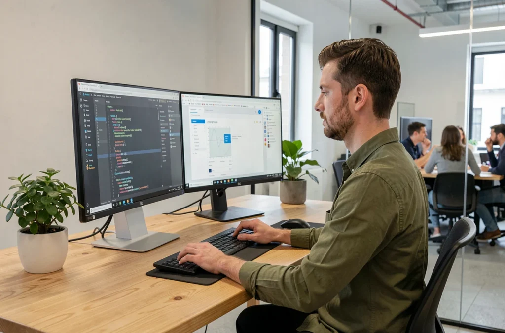 Développeur de l'agence Forge Agency travaillant sur du code et un design web dans un studio minimaliste