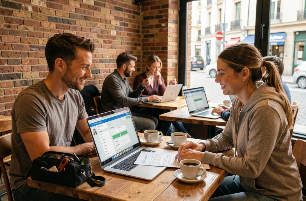Deux techniciens indépendants du réseau Freelance-Informatique collaborant sur une mission client autour d'un café dans un espace de travail informel à Toulouse