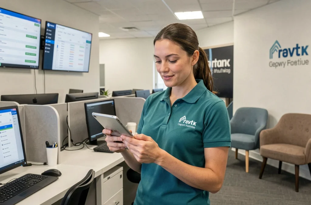 Technicienne de support informatique Gaia Informatique consultant un ticket client sur tablette dans un bureau moderne