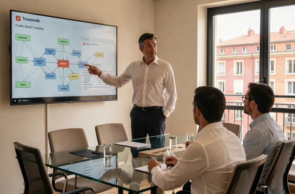 Consultant d'Infranat présentant une cartographie d'infrastructure IT externalisée à des dirigeants de TPE lors d'une réunion stratégique à Toulouse