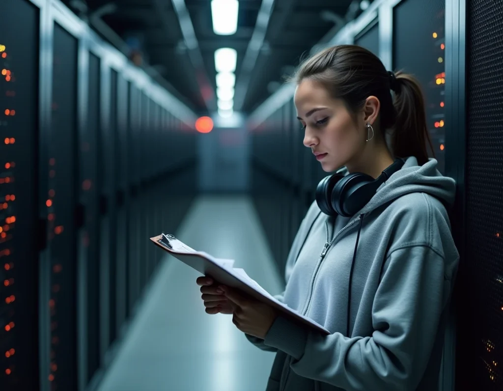Ingénieure réseau consultant une checklist de maintenance SMF Solaris devant un rack de serveurs dans un centre de données