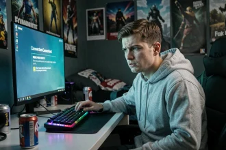 Joueur de Fortnite frustré devant un écran affichant une erreur de connexion sur PC gamer